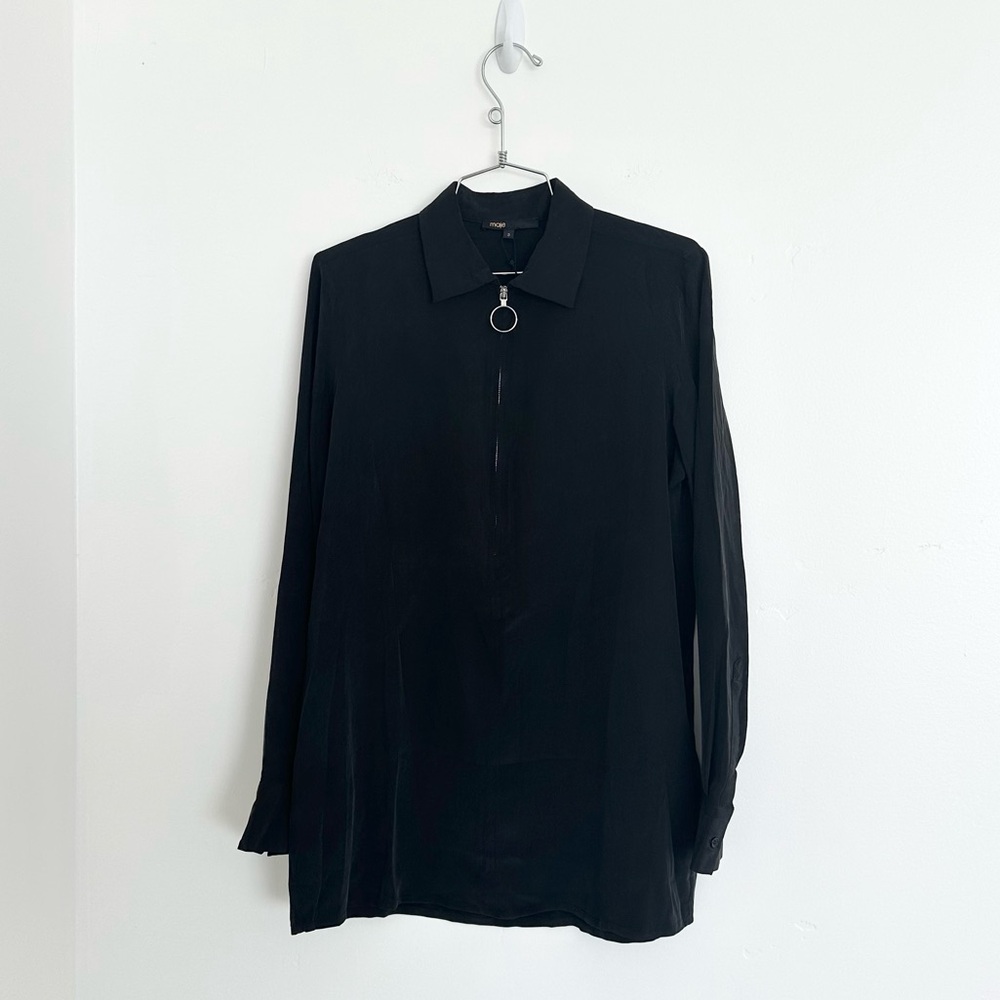Maje FR 3 black long sleeve zip up blouse size
